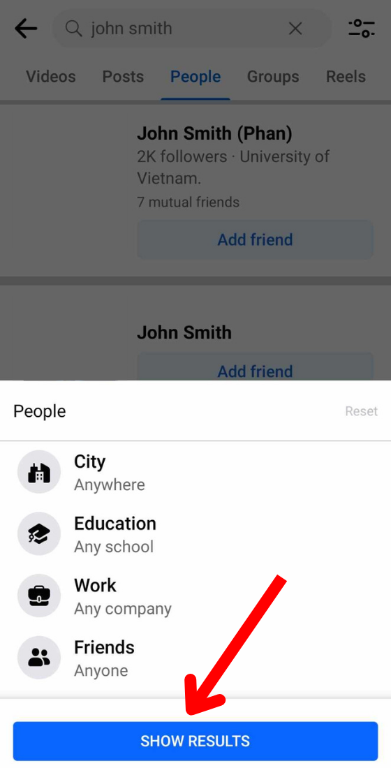 facebook app search people options show results