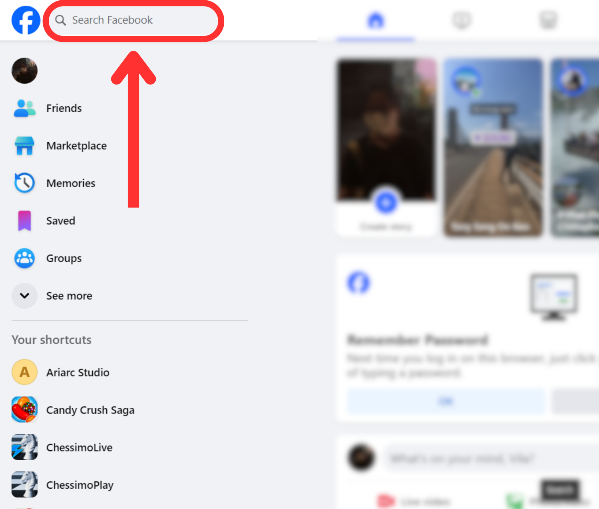 Facebook desktop home screen facebook search box