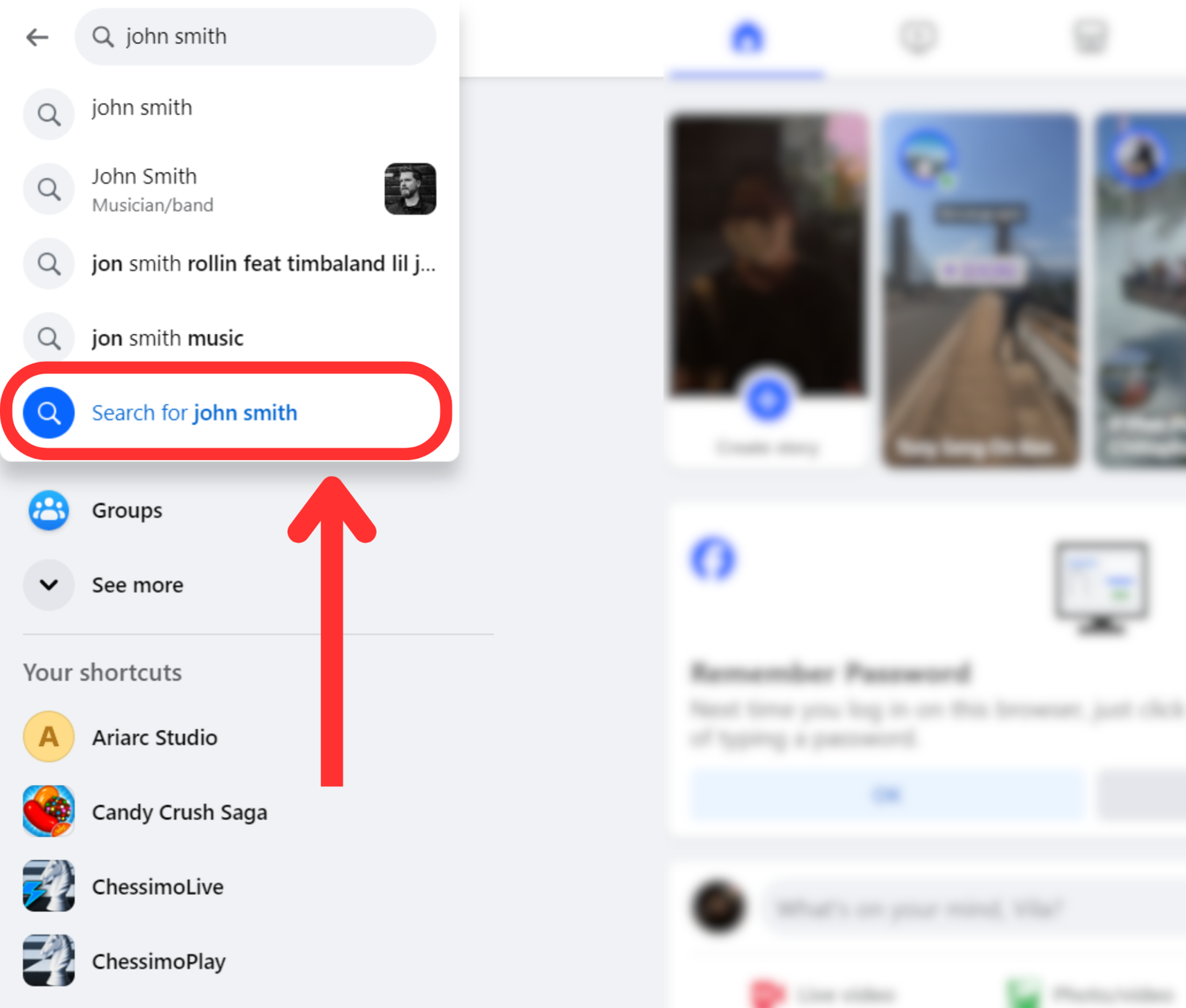 Facebook desktop home screen facebook search result