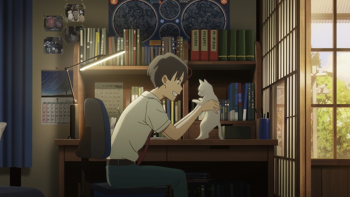 Seorang anak laki-laki animasi duduk di meja memegang kucing di A Whisker Away