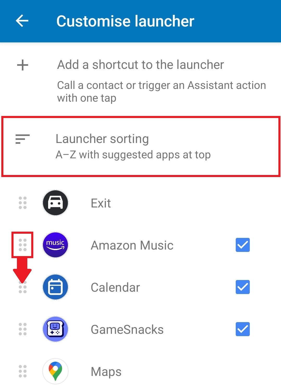 Custom arrangement of Android Auto apps