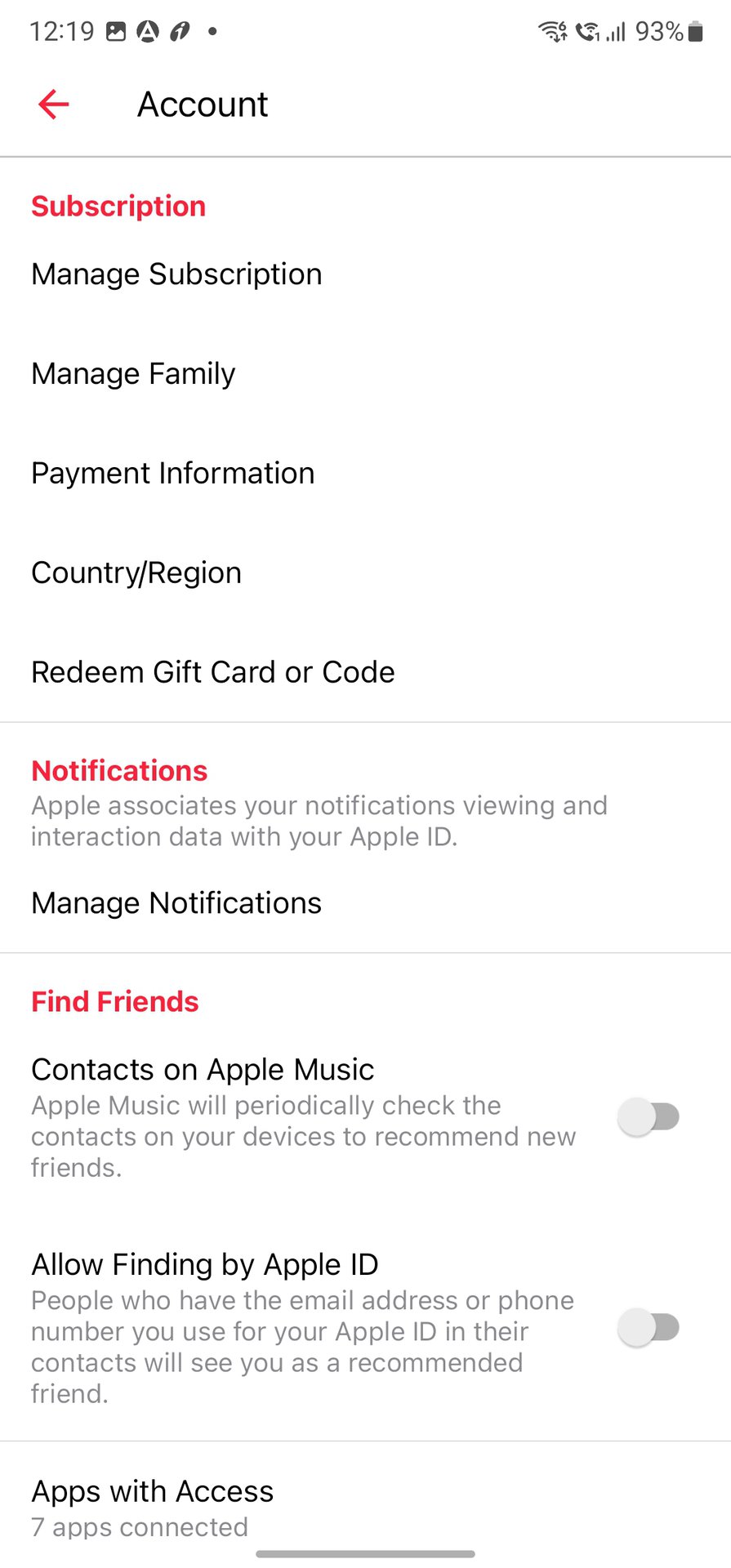 Apple Music Android account home page