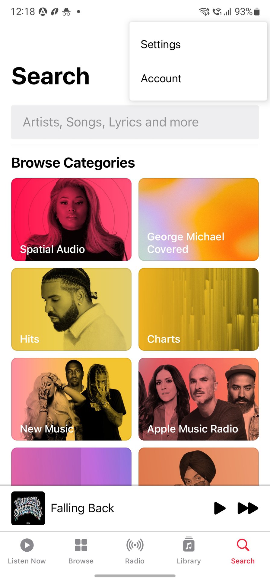 Apple Music Android showing music categories