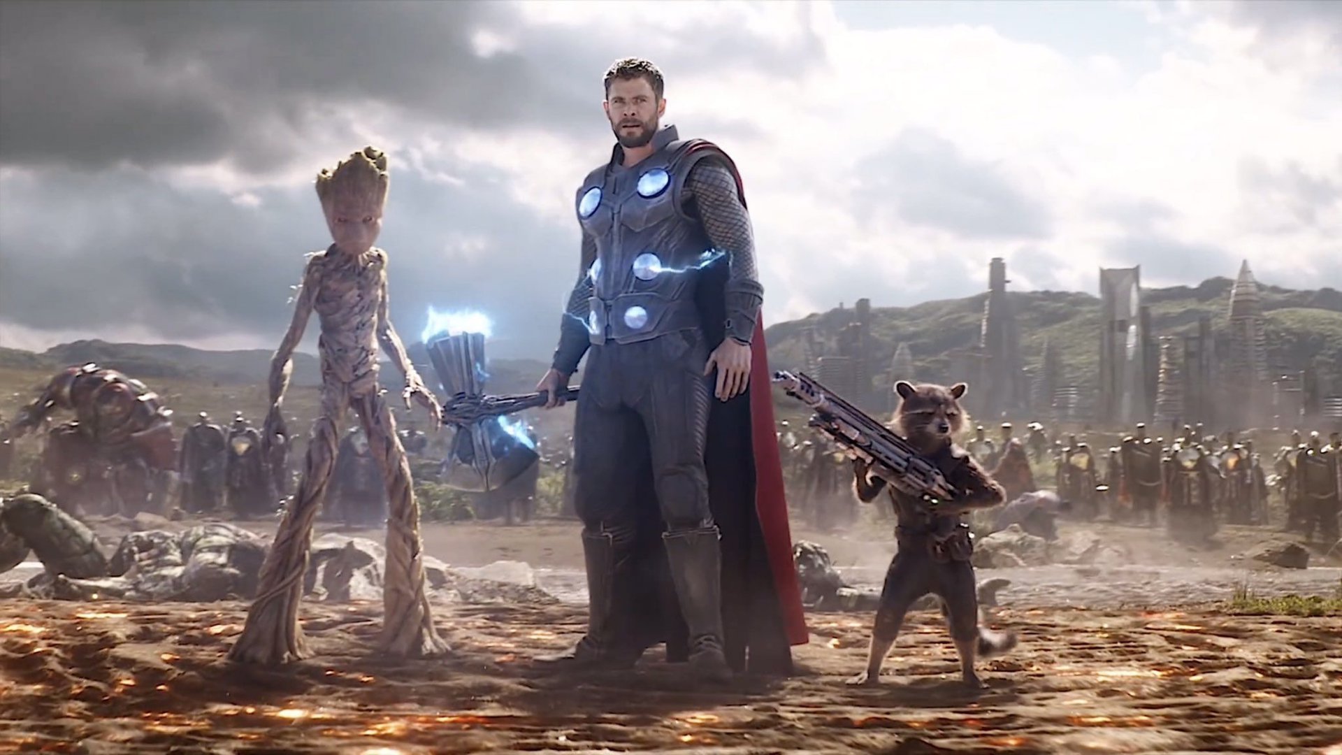 Tor, Grut and Rocket in Wakanda at Avengers Harvest Infinity War - movies before Tor