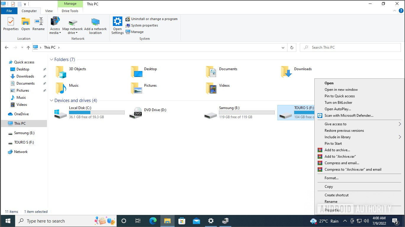 Format external drive Windows Explorer menu