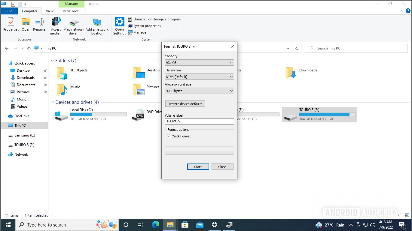 Format external drive Windows dialog