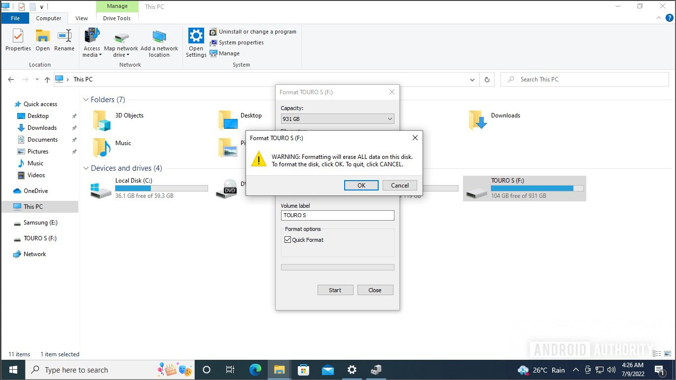 Format external drive Windows warning