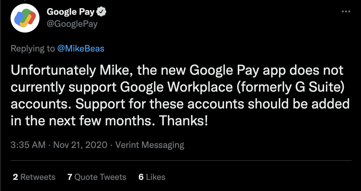 Google Pay Support Twitter