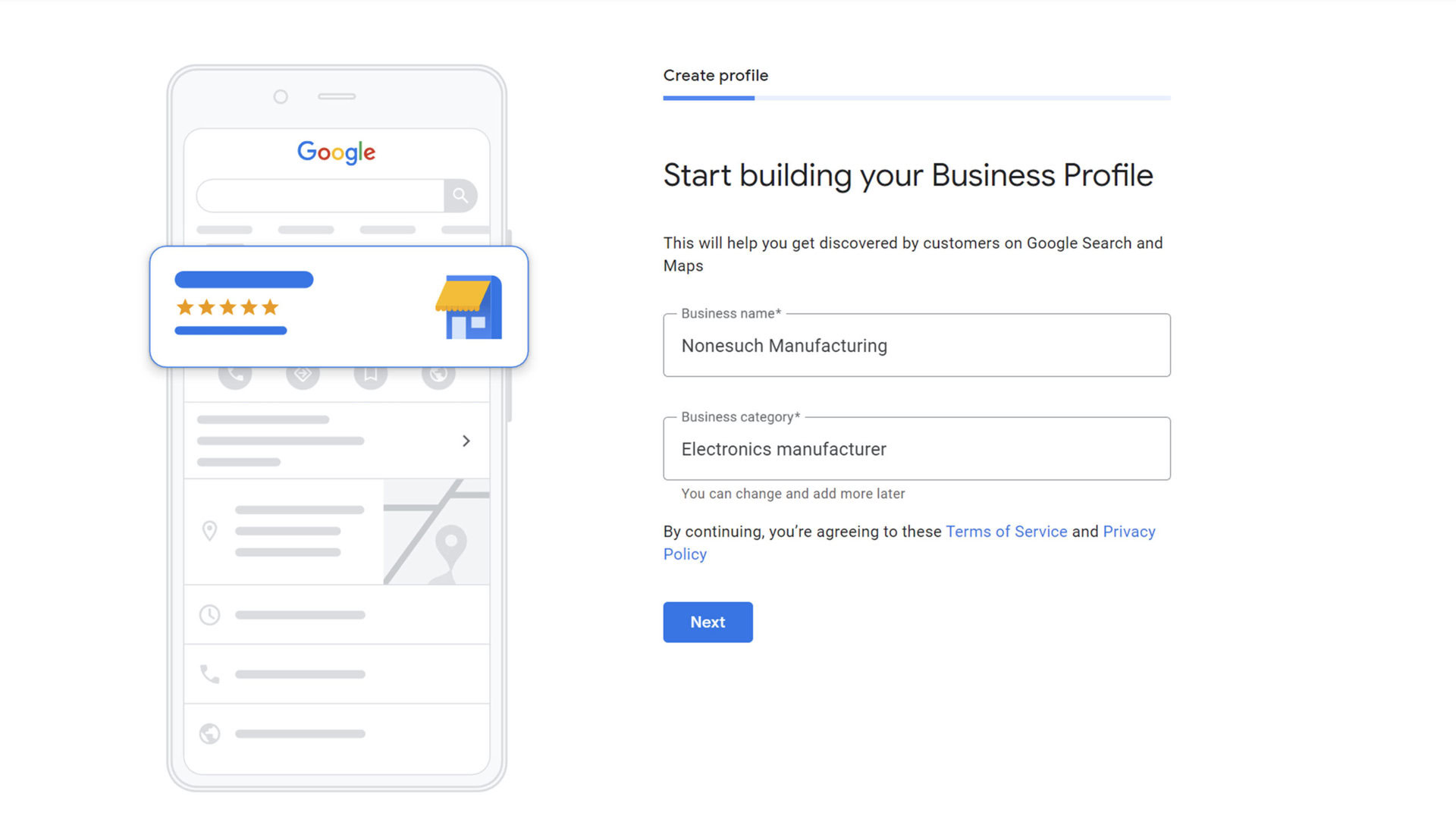 Google Business profile creation page