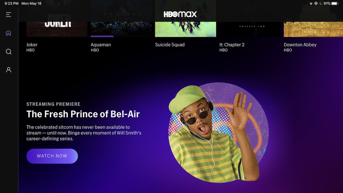 Una captura de pantalla de la interfaz de HBO Max que muestra algunas líneas de información sobre el programa de televisión "The Fresh Prince of Bel-Air".