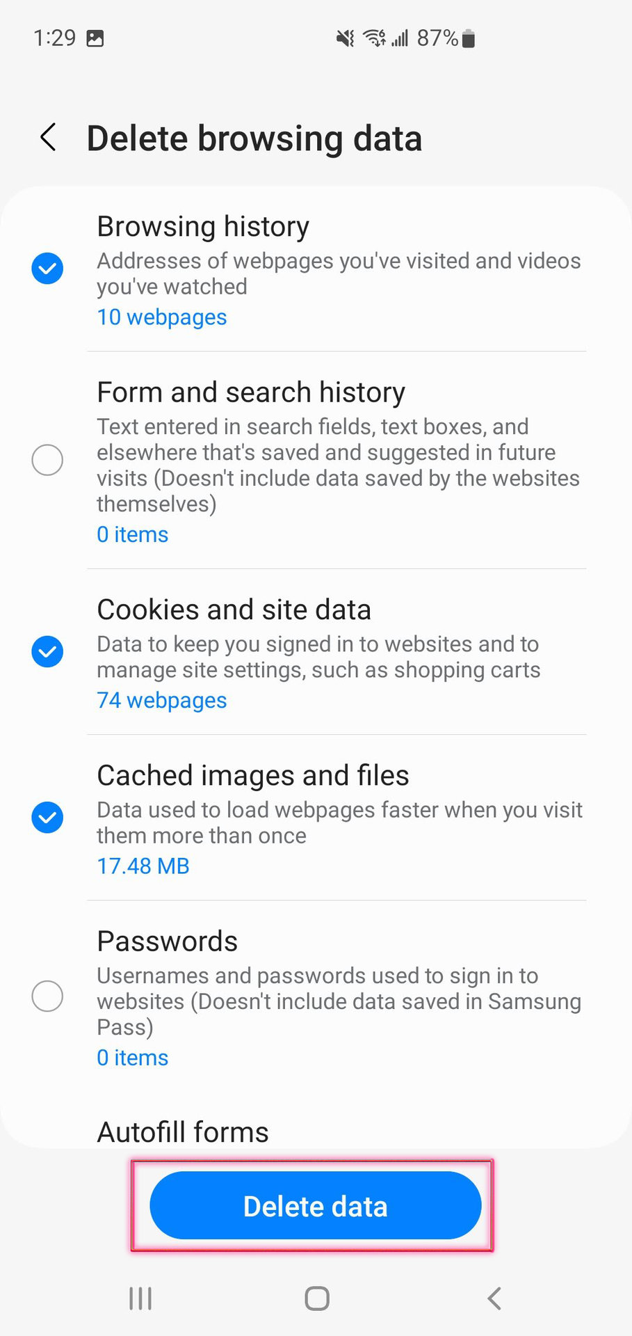 How to clear data on Samsung Internet app 4