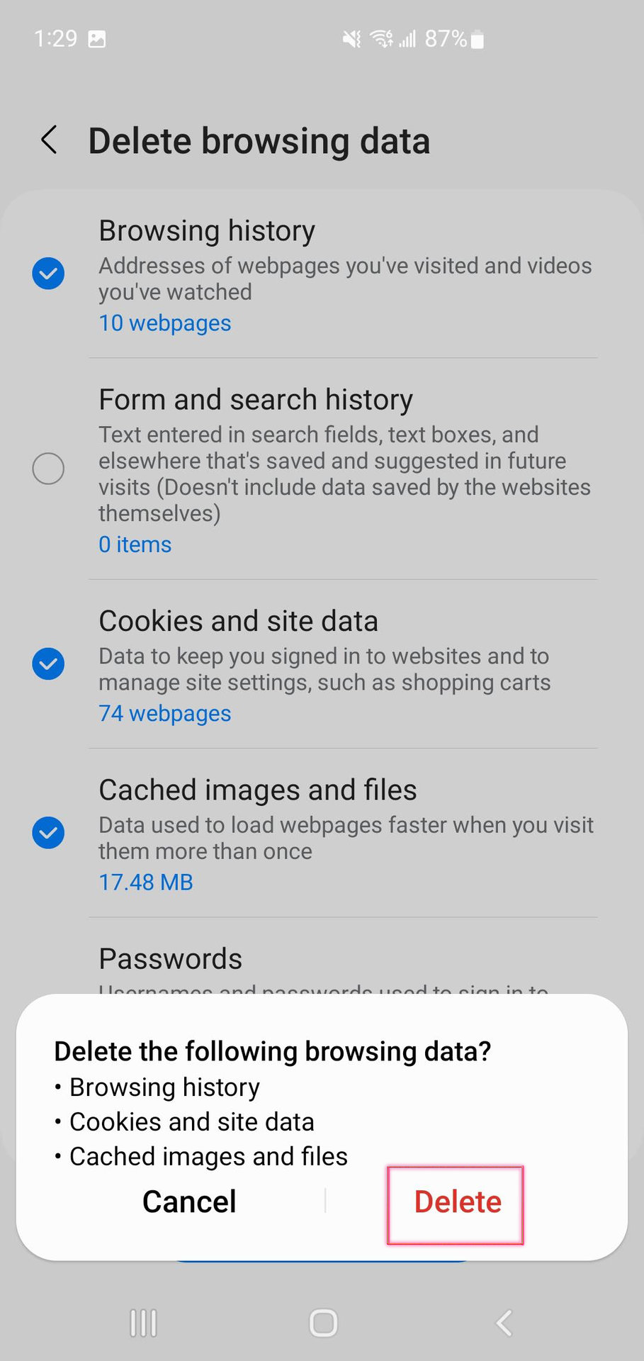 How to clear data on Samsung Internet app 5