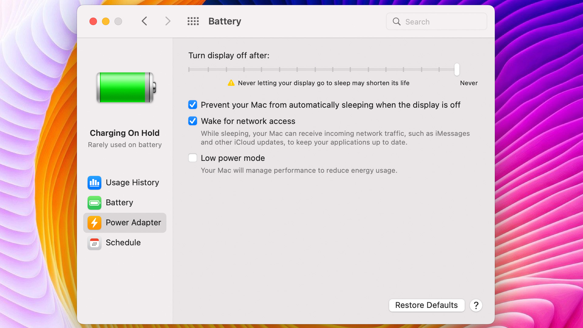 Macbook Battery Power Adapter settings