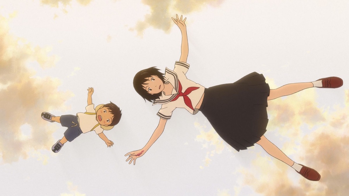 A boy and girl falling from the sky (anime) in Mirai