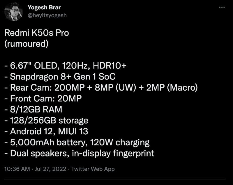 Redmi K50 S Pro Specs Leak