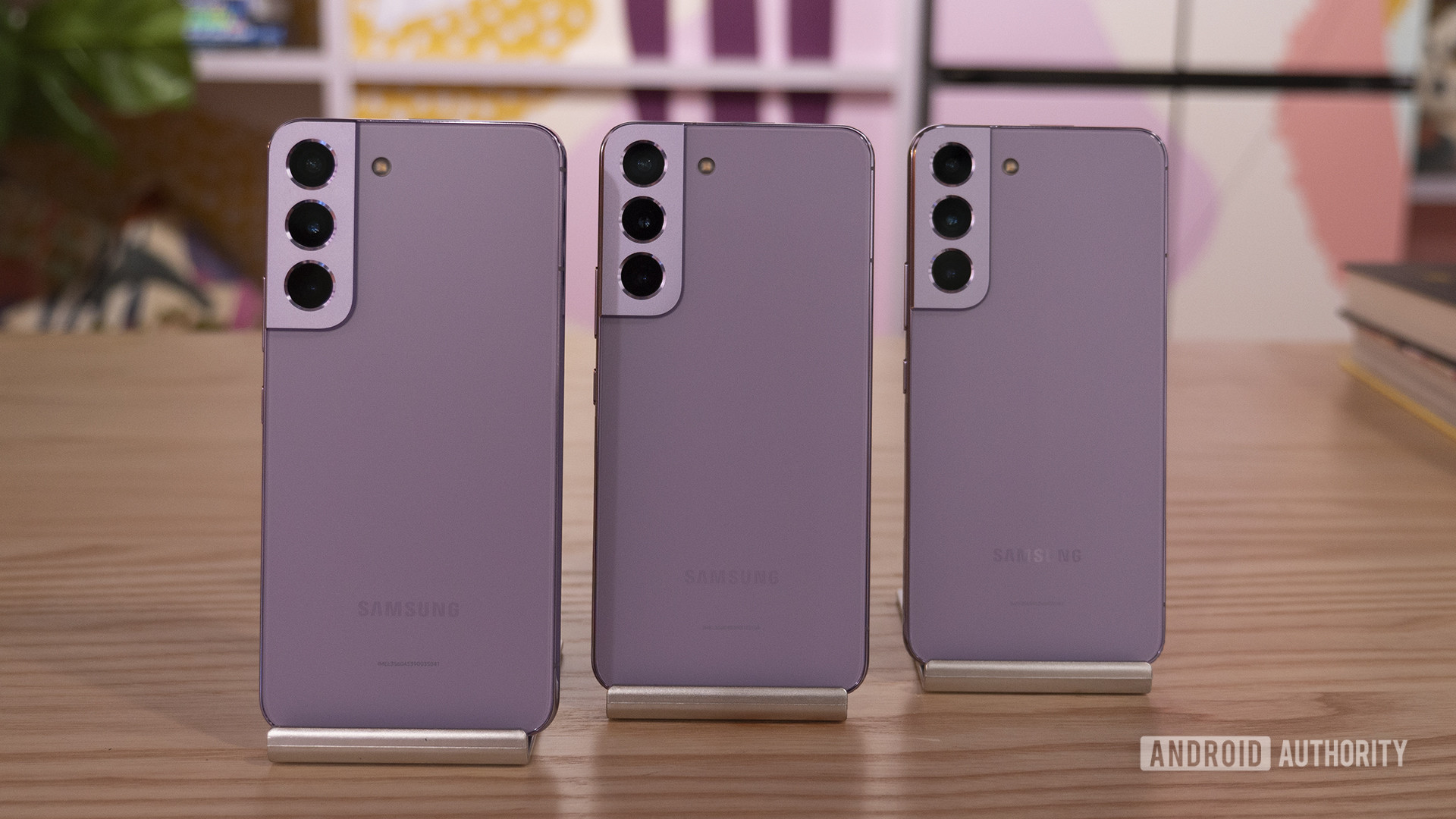 Samsung Galaxy S22 Bora Purple Three Phones Side By Side