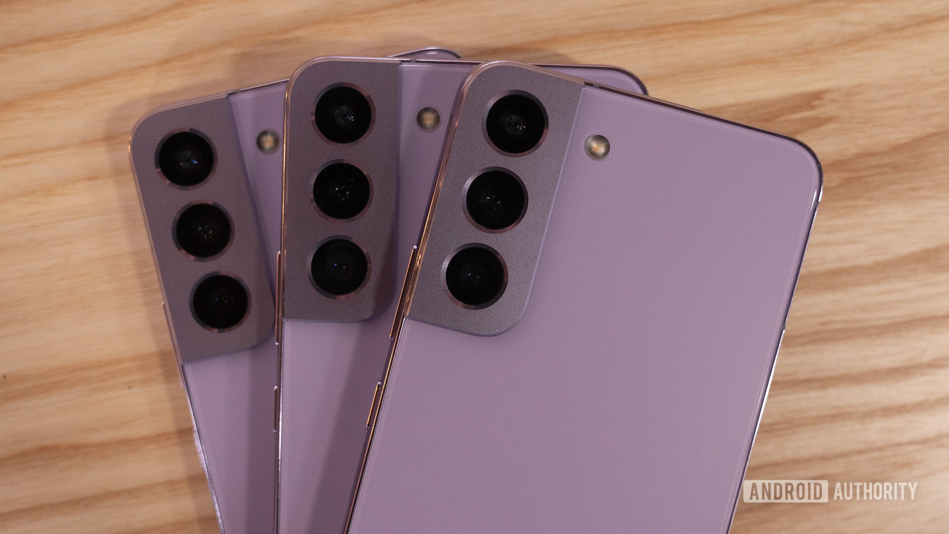 Samsung Galaxy S22 Bora Purple Three Phones Stacked