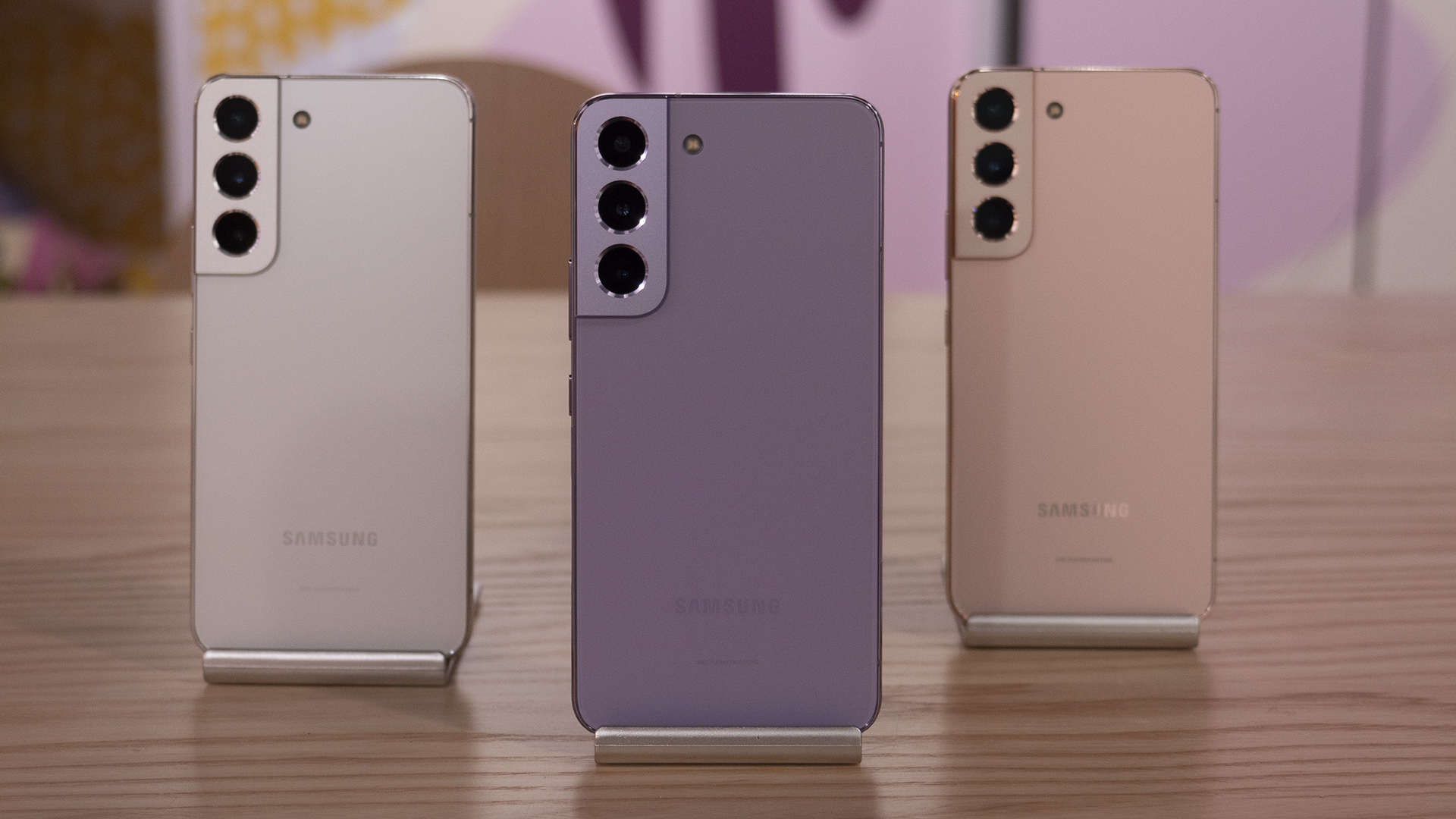 Samsung Galaxy S22 Bora Purple vs Phantom White vs Pink Gold Head On