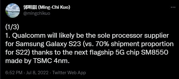 Tweet sobre el Galaxy S23 de Ming-Chi Kuo.