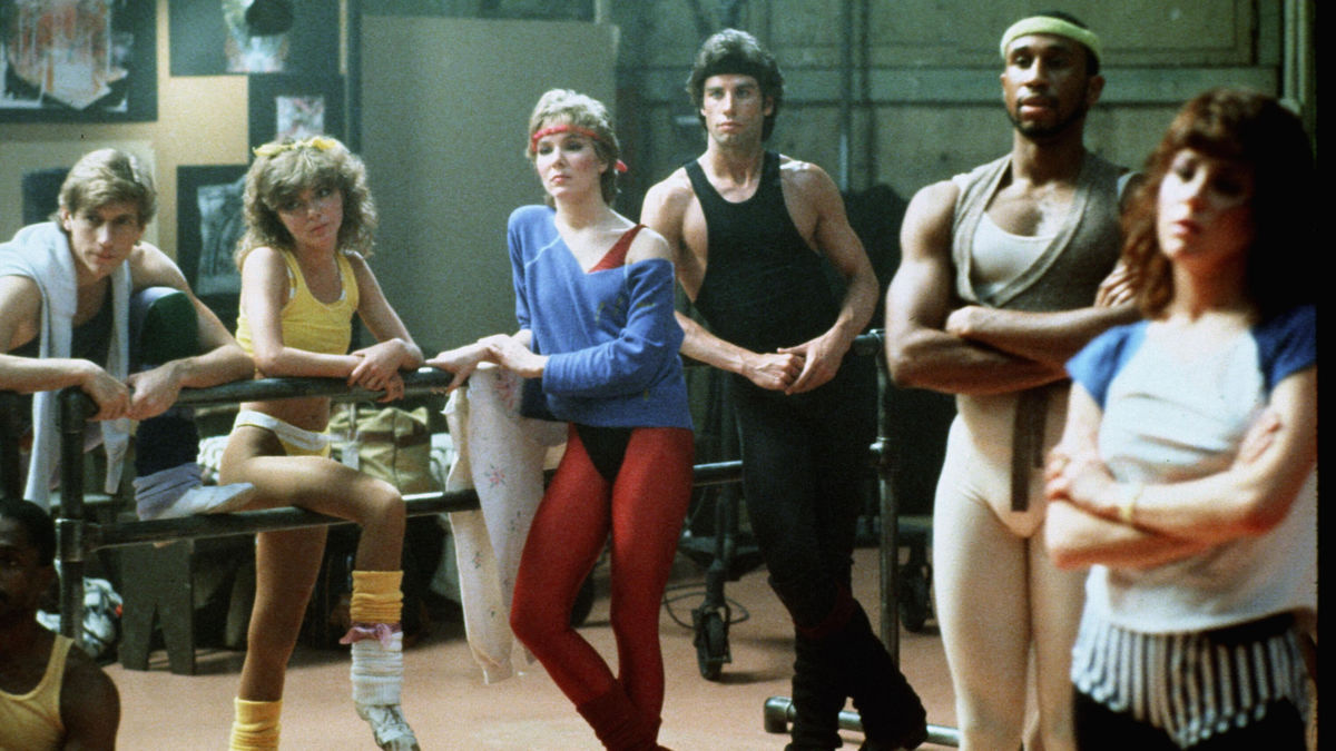 A group of dancers in an 80s studio in Staying Alive