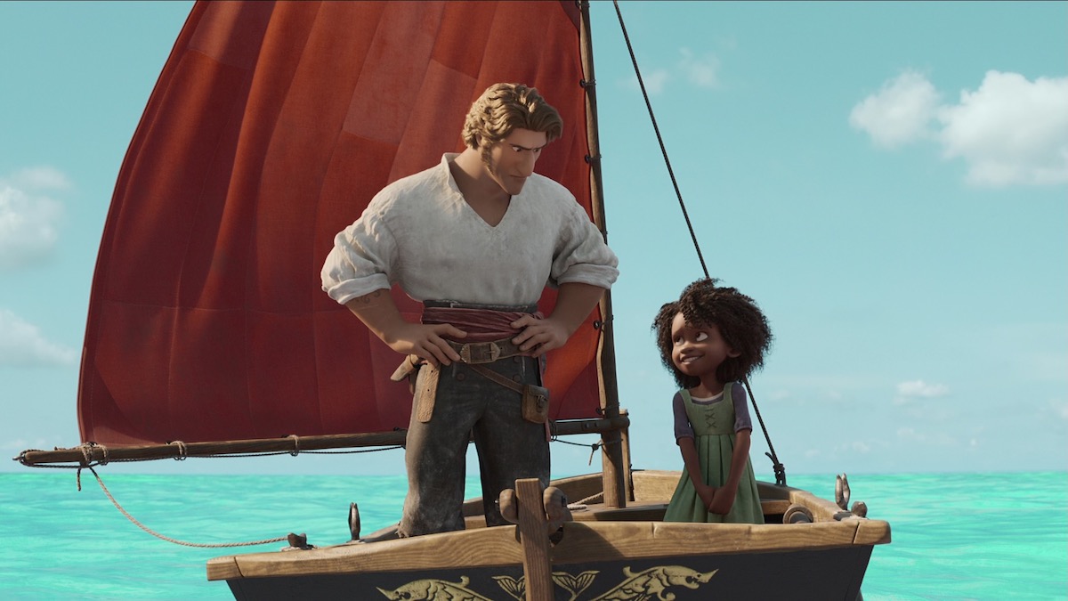 An animated man and little girl stand on a small boat together in The Sea Beast