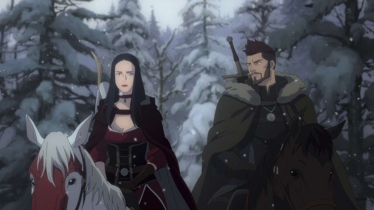 Seorang pria dan wanita menunggang kuda (animasi) di The Witcher Nightmare of the Wolf
