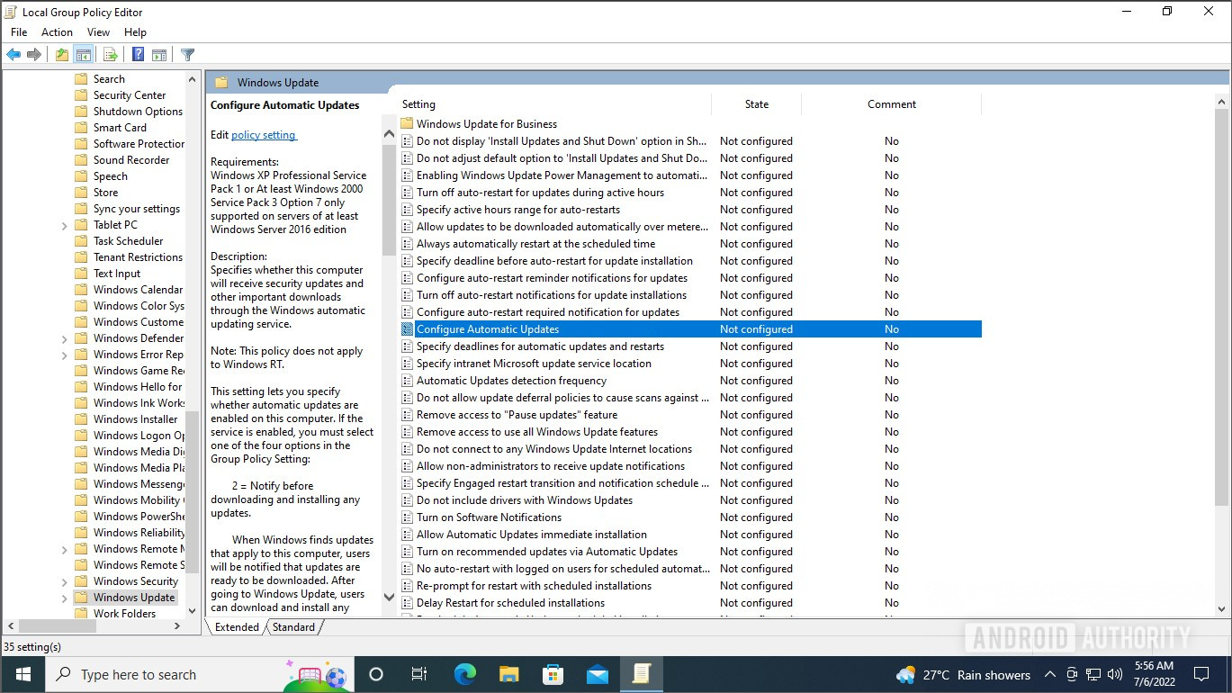 Aggiornamento di Windows dell'editor dei criteri di gruppo di Windows 10