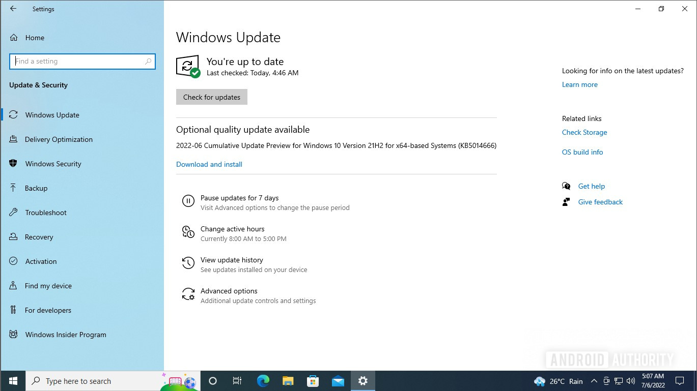 Windows 10 settings Update settings
