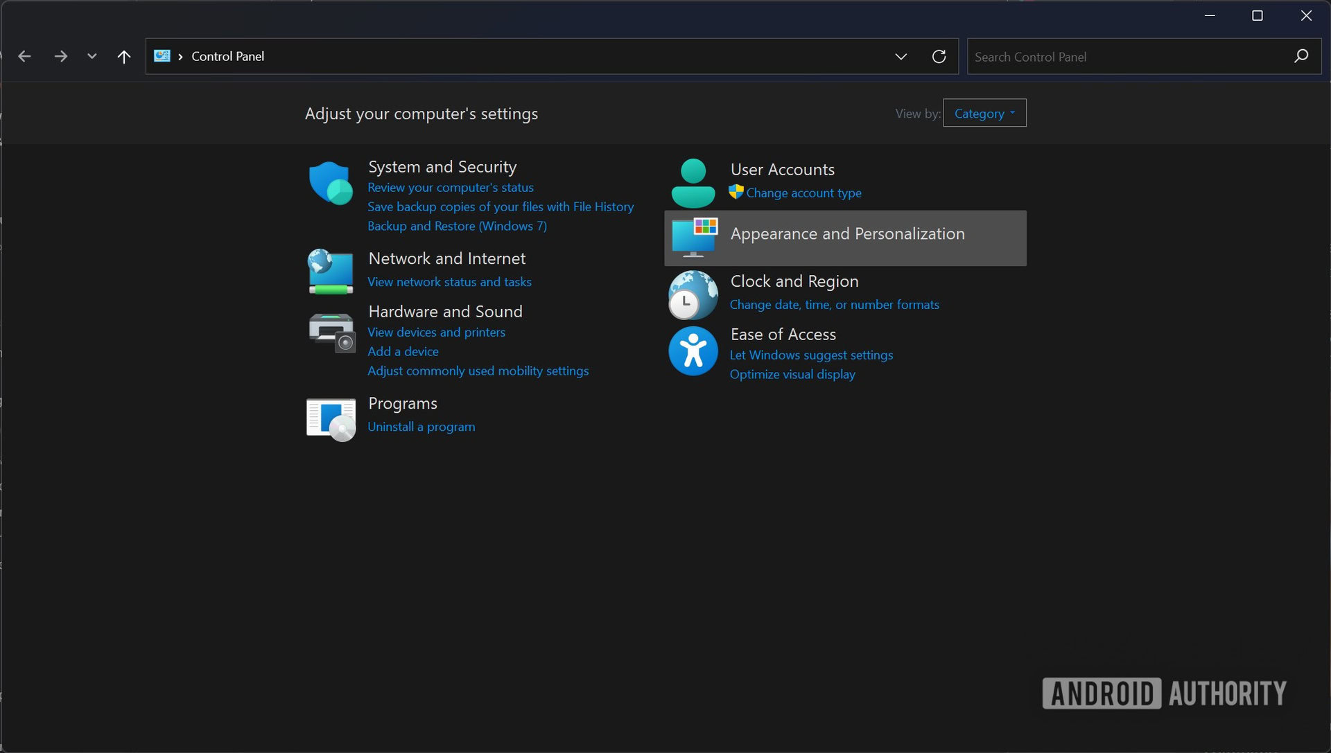 Windows 11 control panel menu