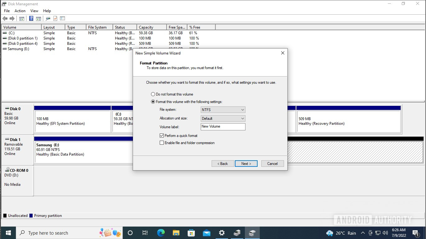 Windows Disk management new partition format and name