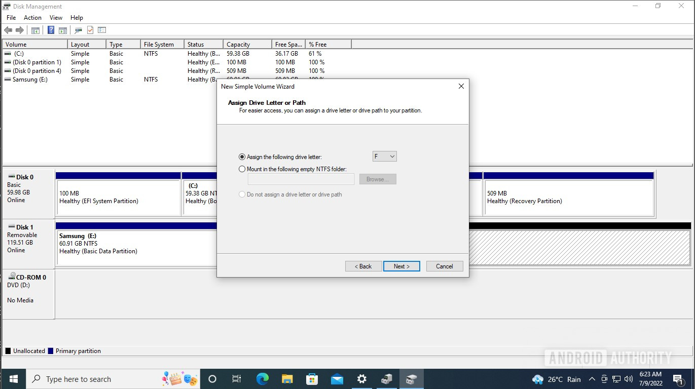 Windows Disk management new partition letter
