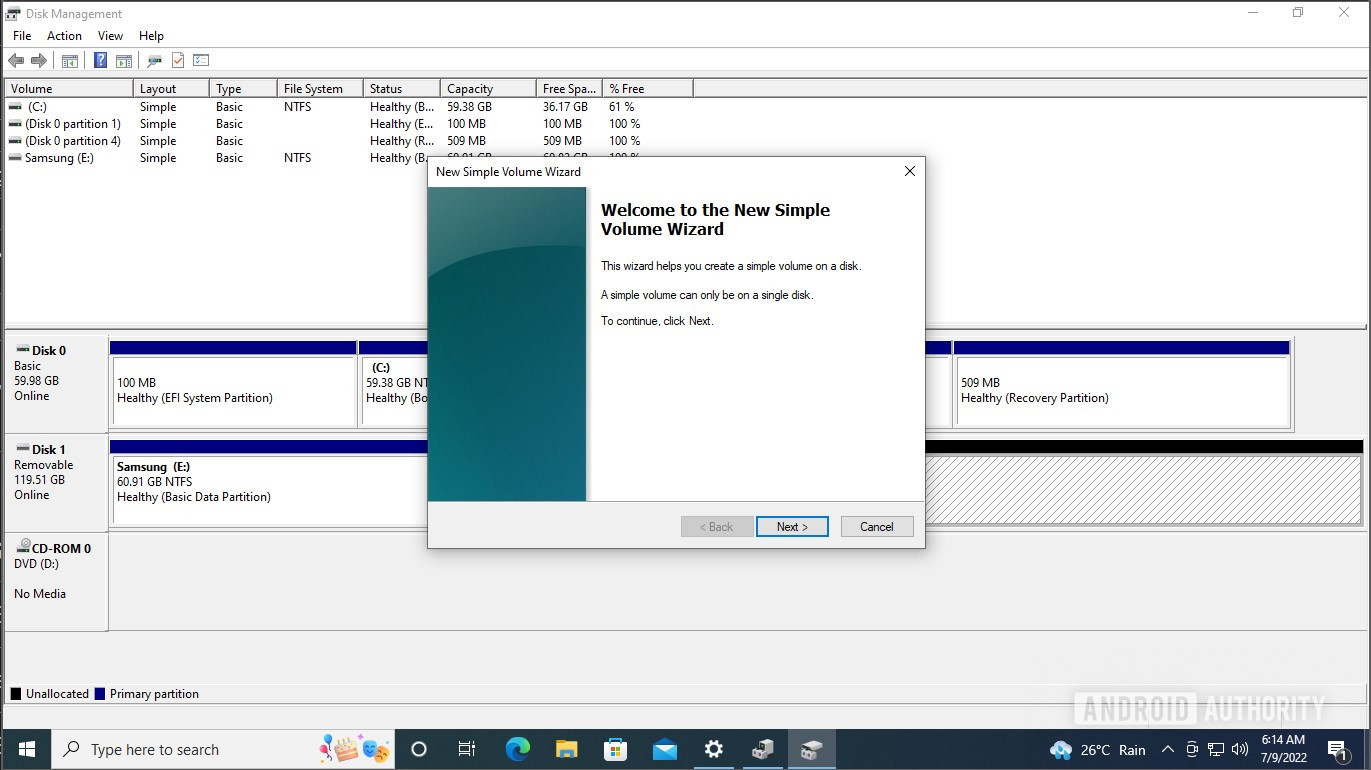 Windows Disk management new partition wizard