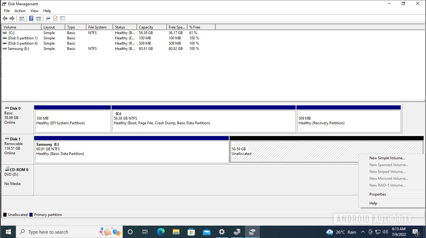Windows Disk management new partition
