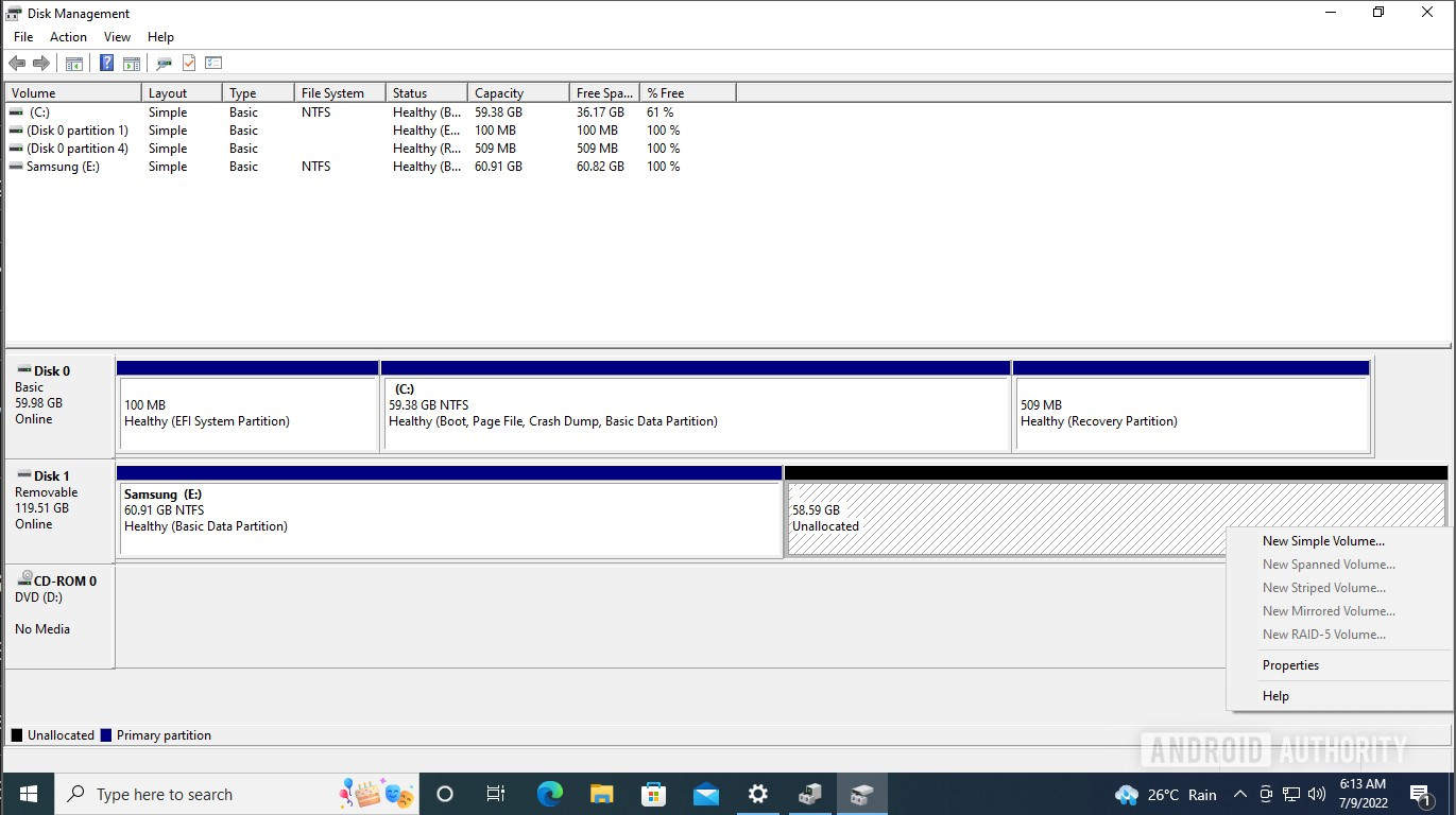 Windows Disk management new partition