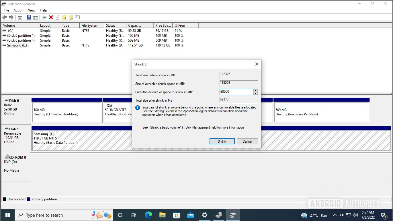 Windows Disk management shrink volume final screen