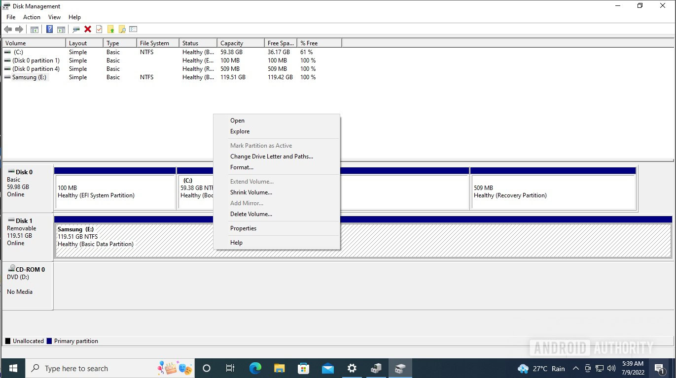 Windows Disk management shrink volume