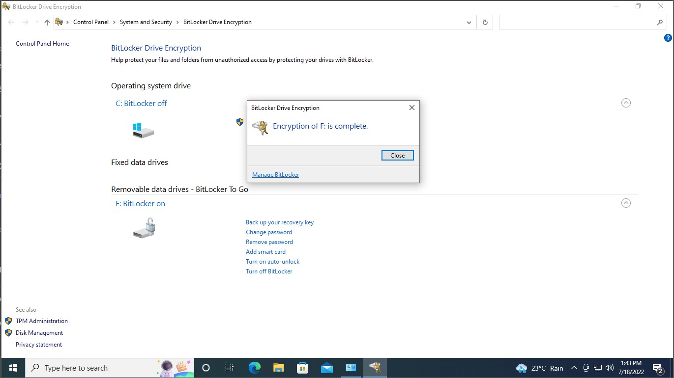 Windows encryption bitlocker encryption finished