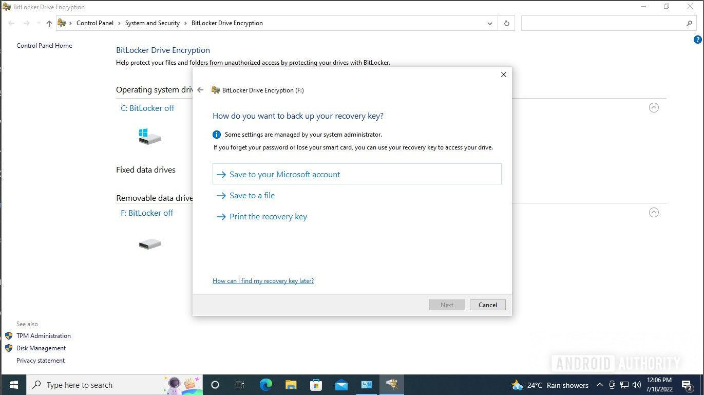 Windows encryption bitlocker key options