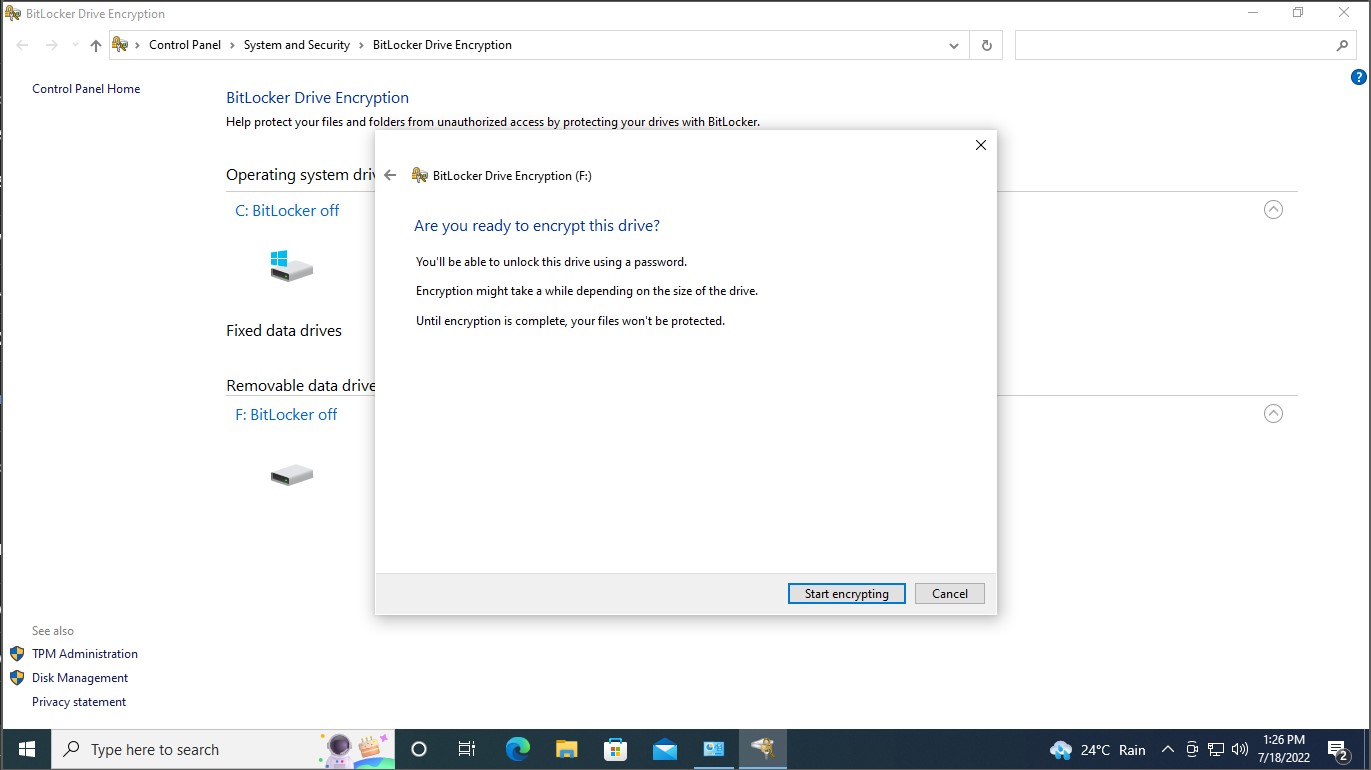 Windows encryption bitlocker start encryption