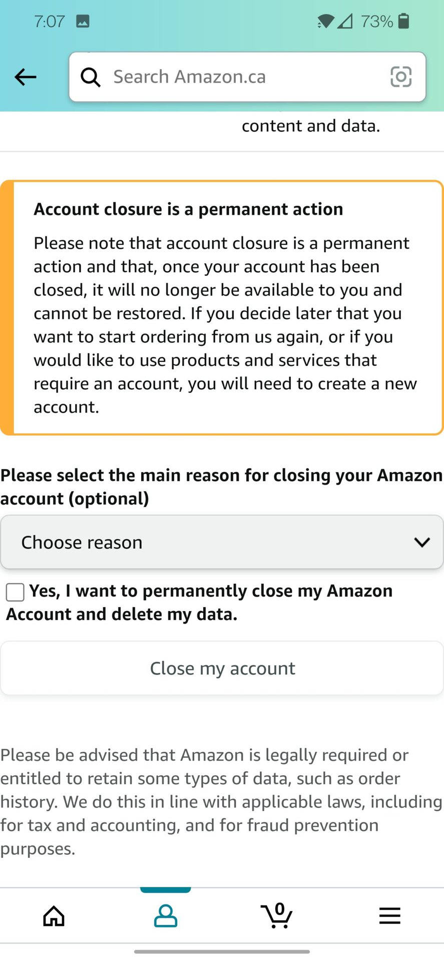 amazon close account mobile 2