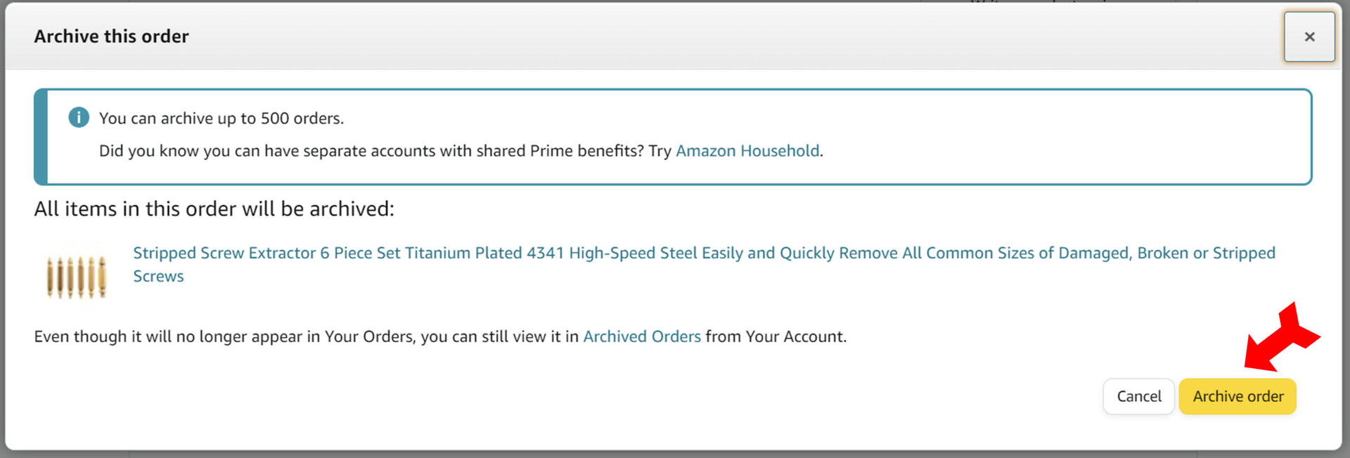 Amazon Confirm Archive order