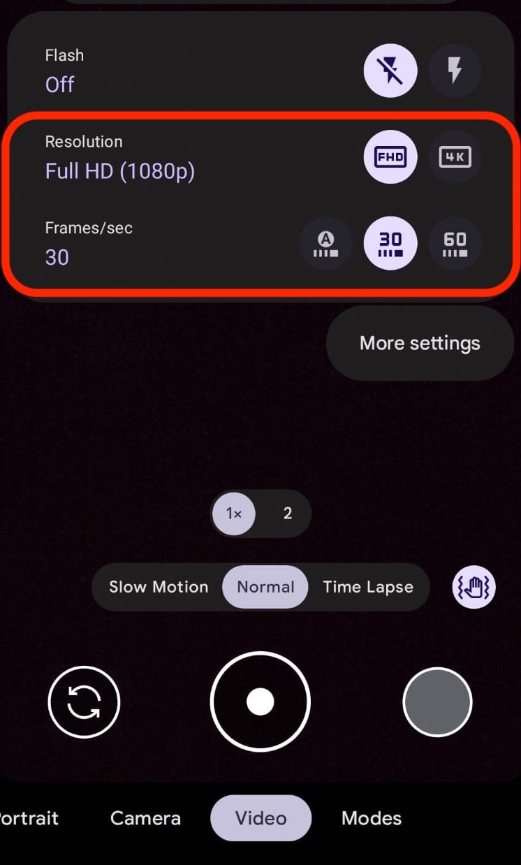 android camera video settings