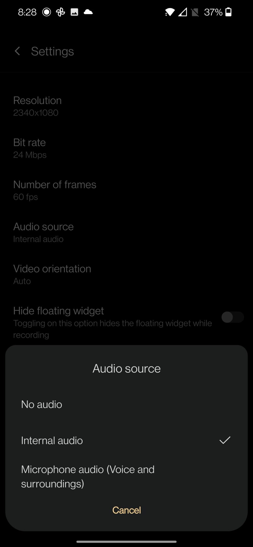 Configuración de audio de la grabadora de pantalla de Android