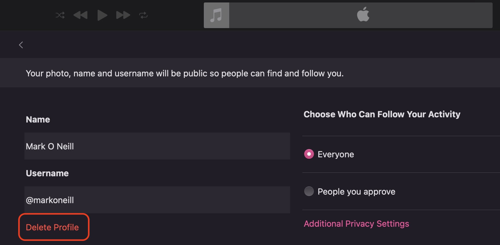 apple music delete profile