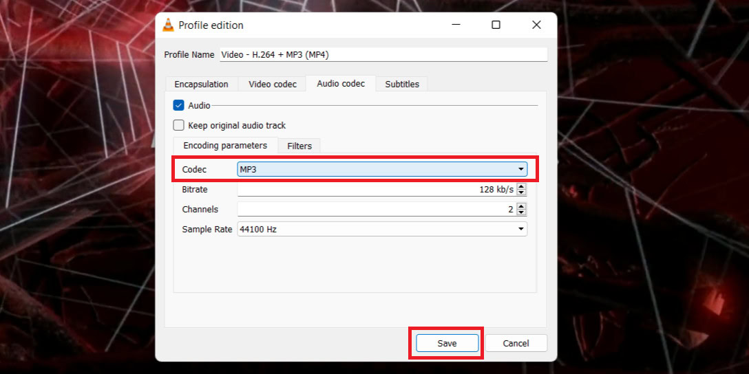 vlc media player audio codec settings