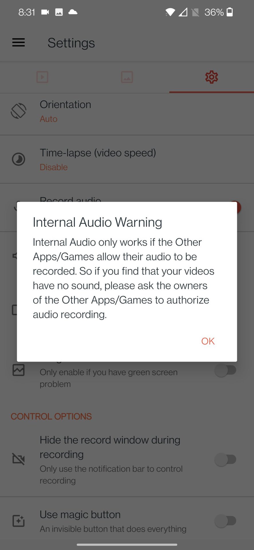 az recorder internal audio warning