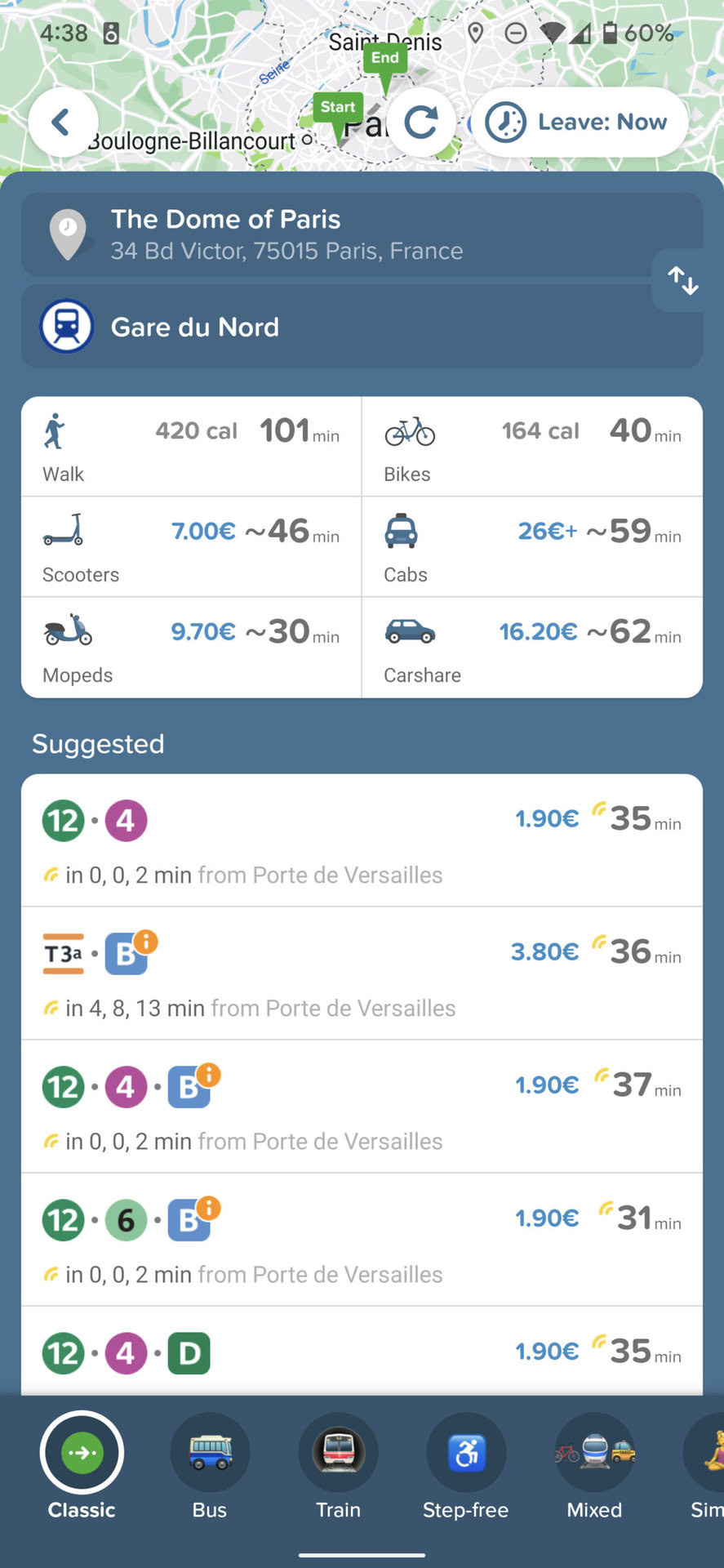 citymapper transit app showing transport options and times