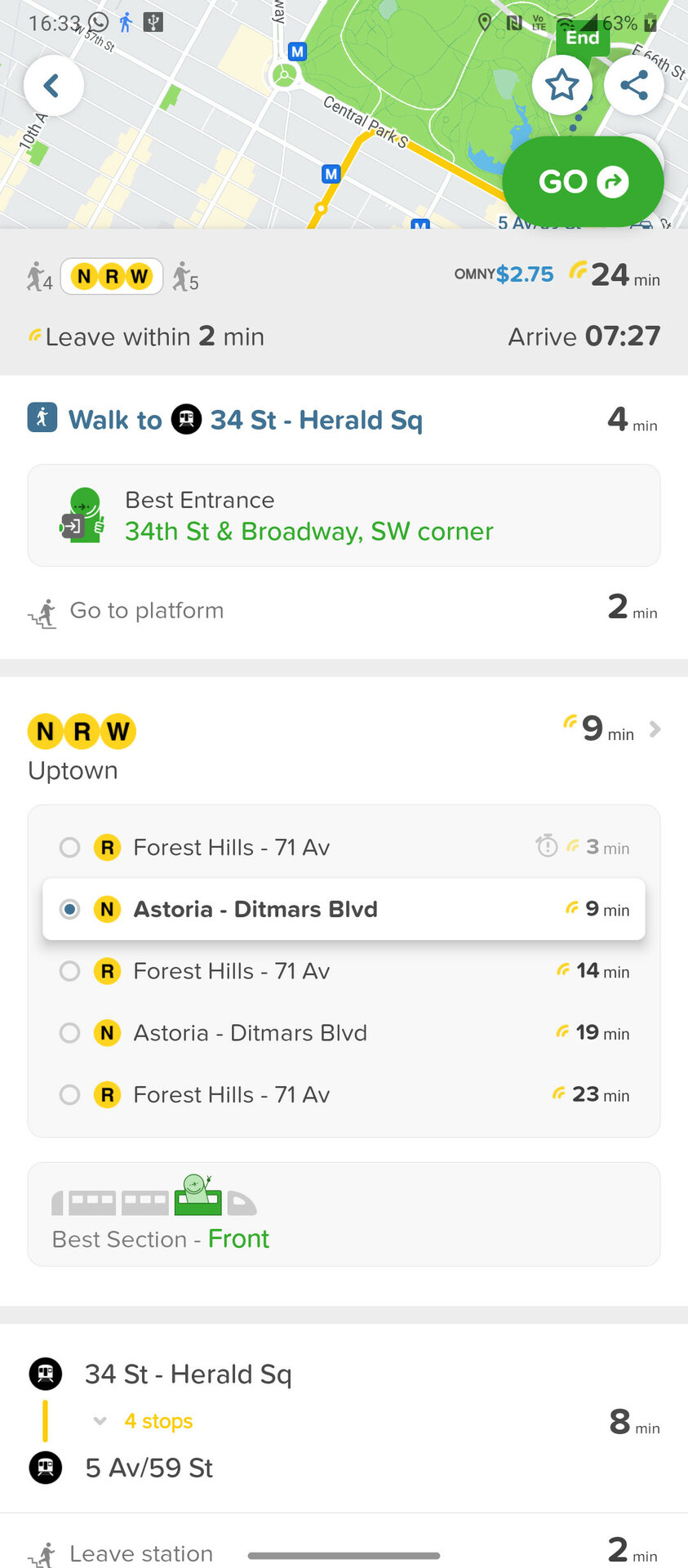 Screenshot of transit routes from citymapper