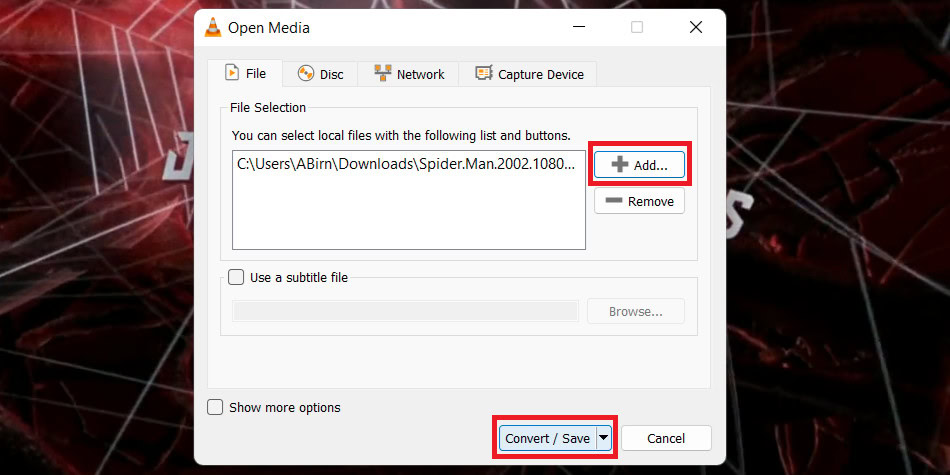 Add video file to vlc media player to convert save