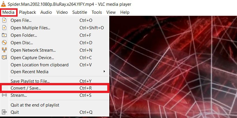 vlc media player menu media convert and save